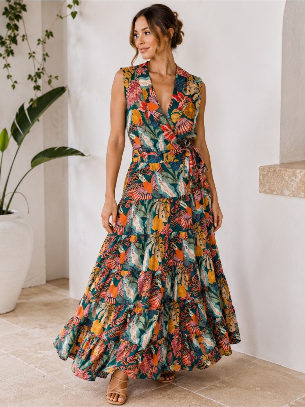 Gibson Latimer Tropical Floral Wrap Maxi Dress NWT L